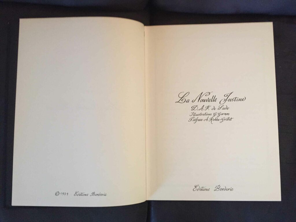 Page de garde du livre érotique Justine de Sade par Gilbert Garnon, aux éditions borderie