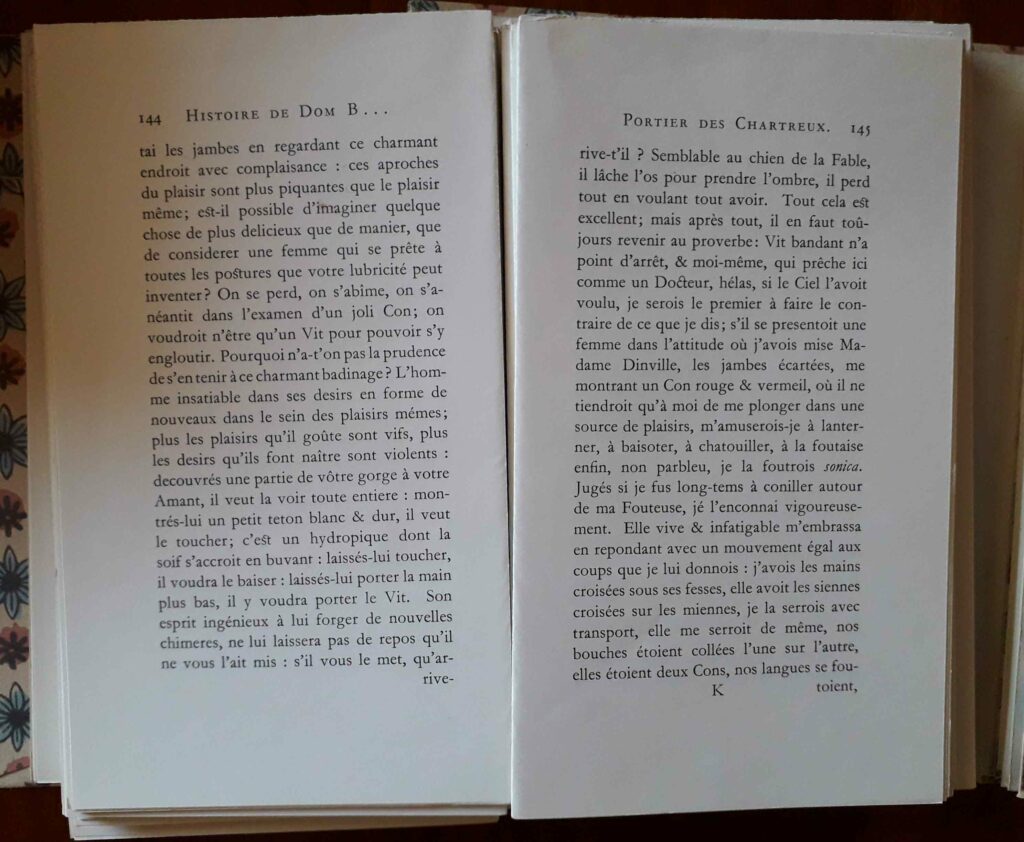 Pages intérieures du curiosa L'Histoire de Dom B., portier des Chartreux, écrite par lui-même.