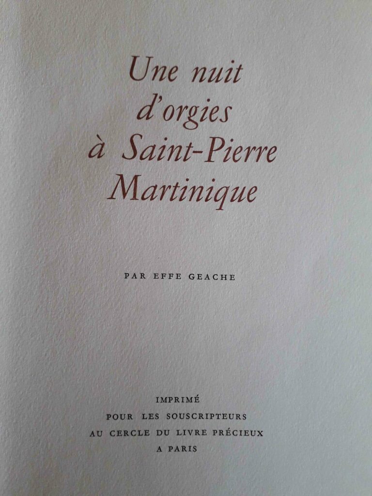 Page de titre du curiosa érotique Nuit d'orgies à Saint-Pierre Martinique, aux éditions du Cercle du livre précieux